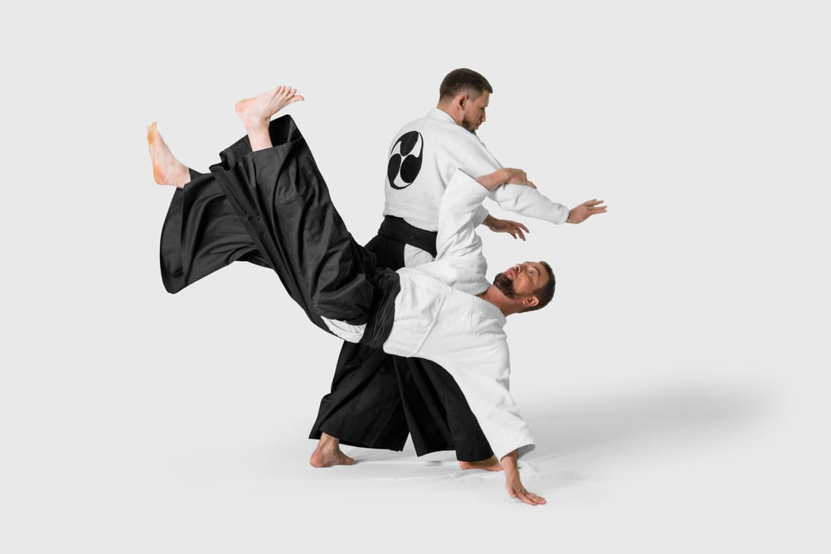 Practitioners training on tatami mats in a bright dojo