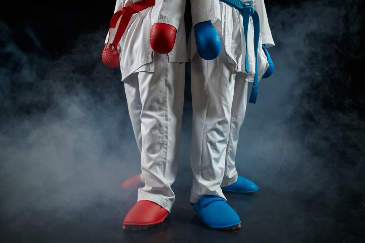 Two students in karate uniforms practising together
